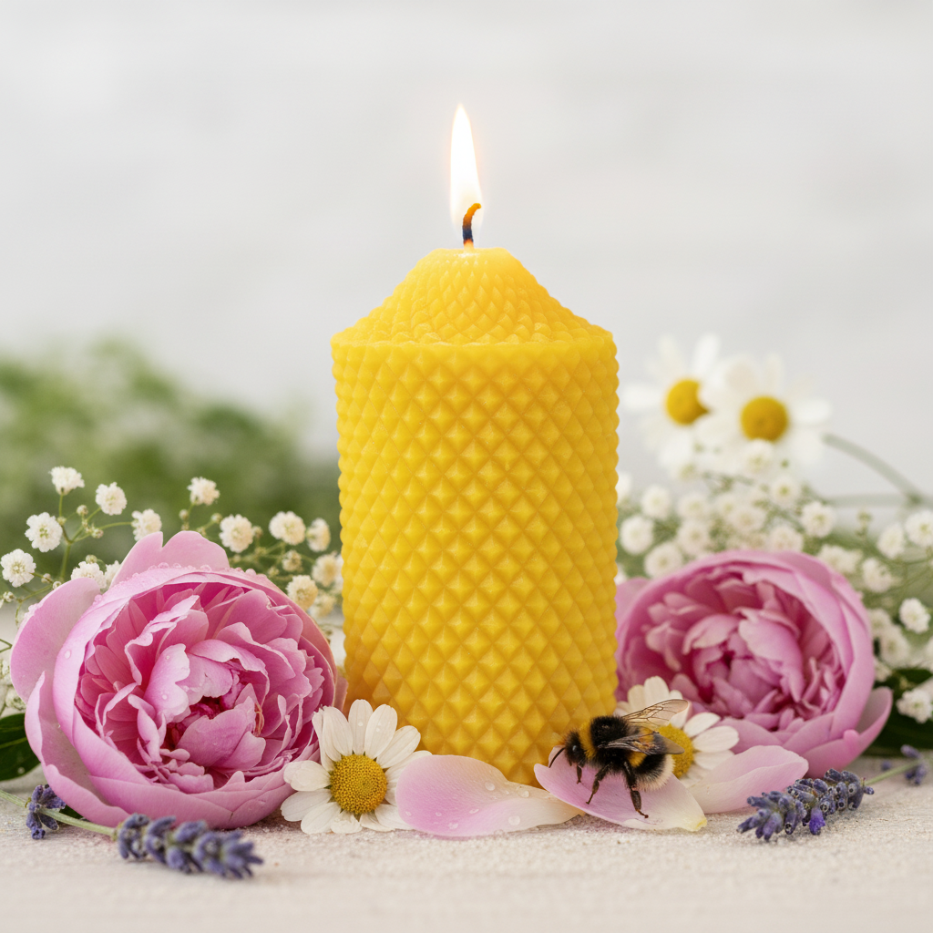 Yellow beehive-patterned beeswax candle with pink flowers and a bee on a light background