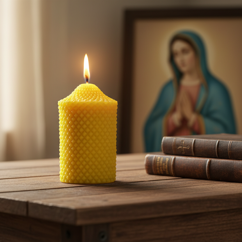 Yellow beeswax candle burning on a wooden surface with a bible and a religious painting of Virgin Mary in the background.