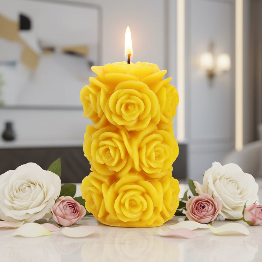 100% Beeswax pillar candle with rose detail