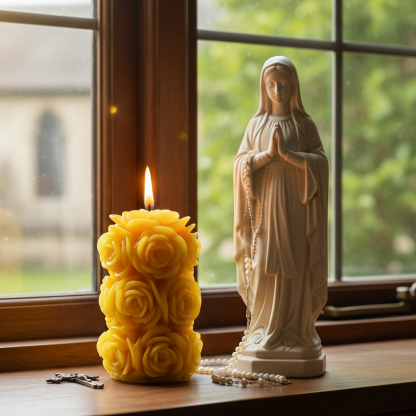 Statue of a religious figure next to a yellow rose-shaped candle by a window.