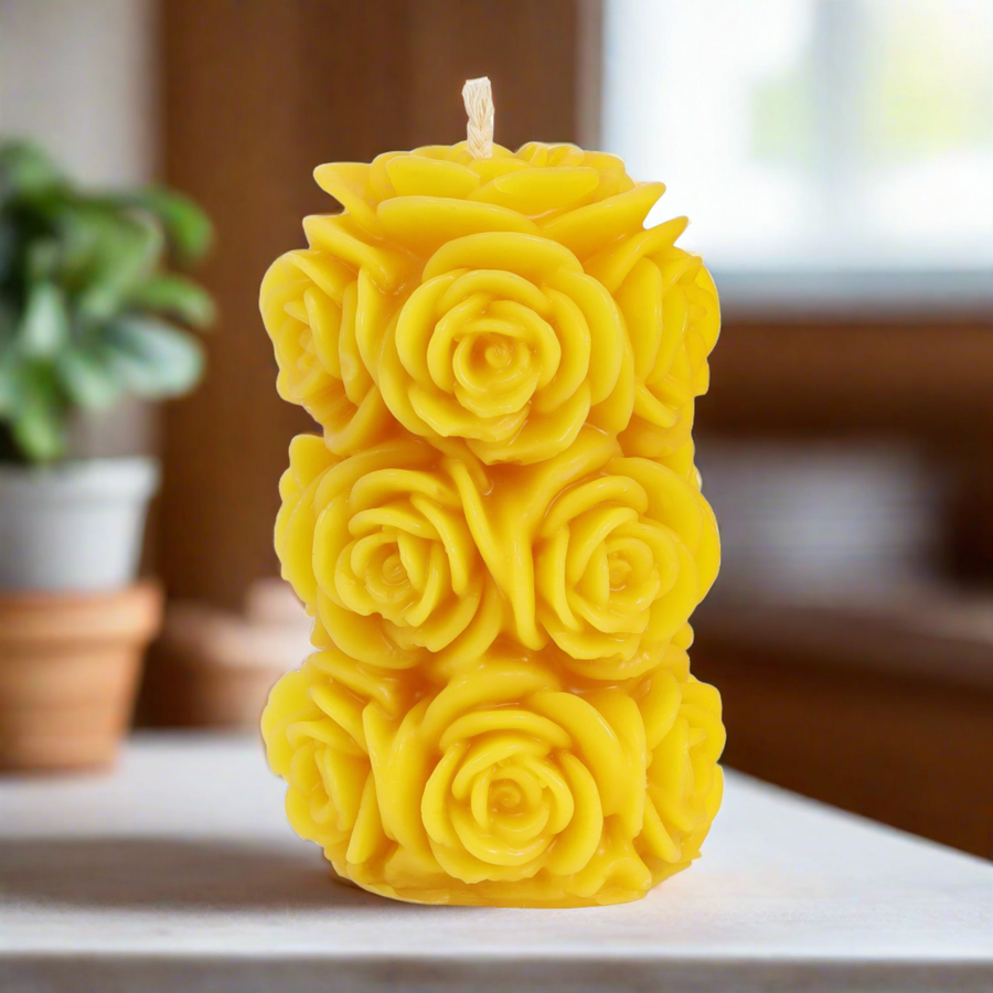 100% beeswax pillar candle with rosette detail