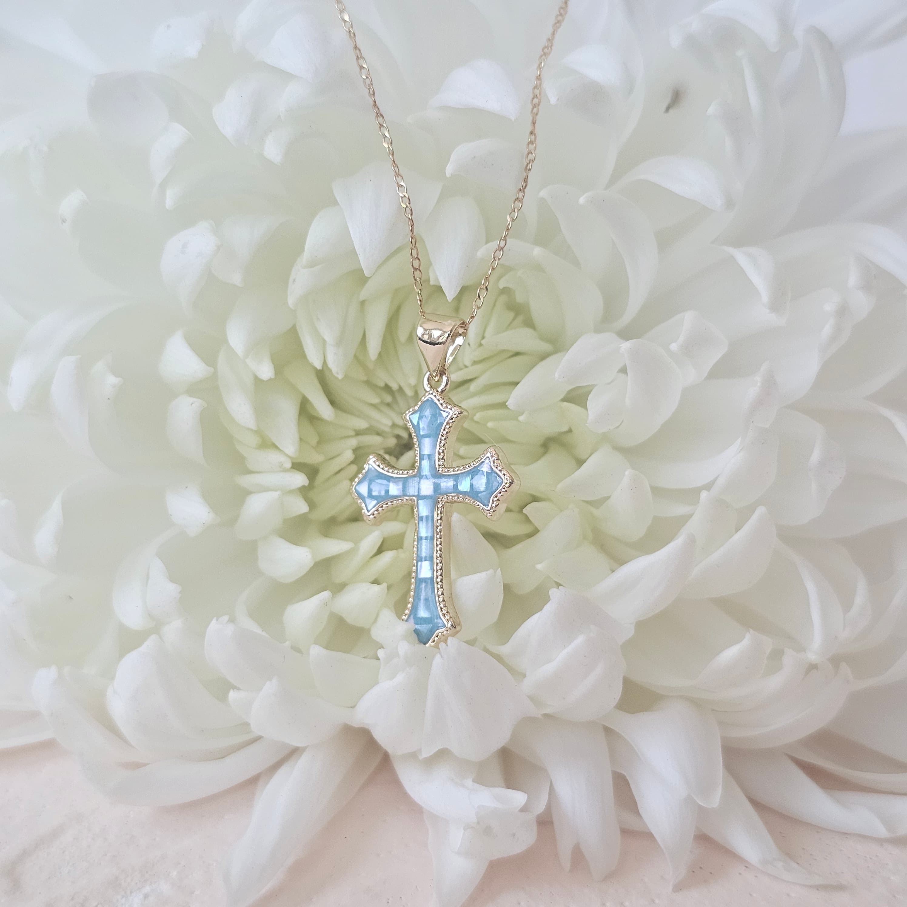 Blue Mother of pearl cross Pendant in Gold filled