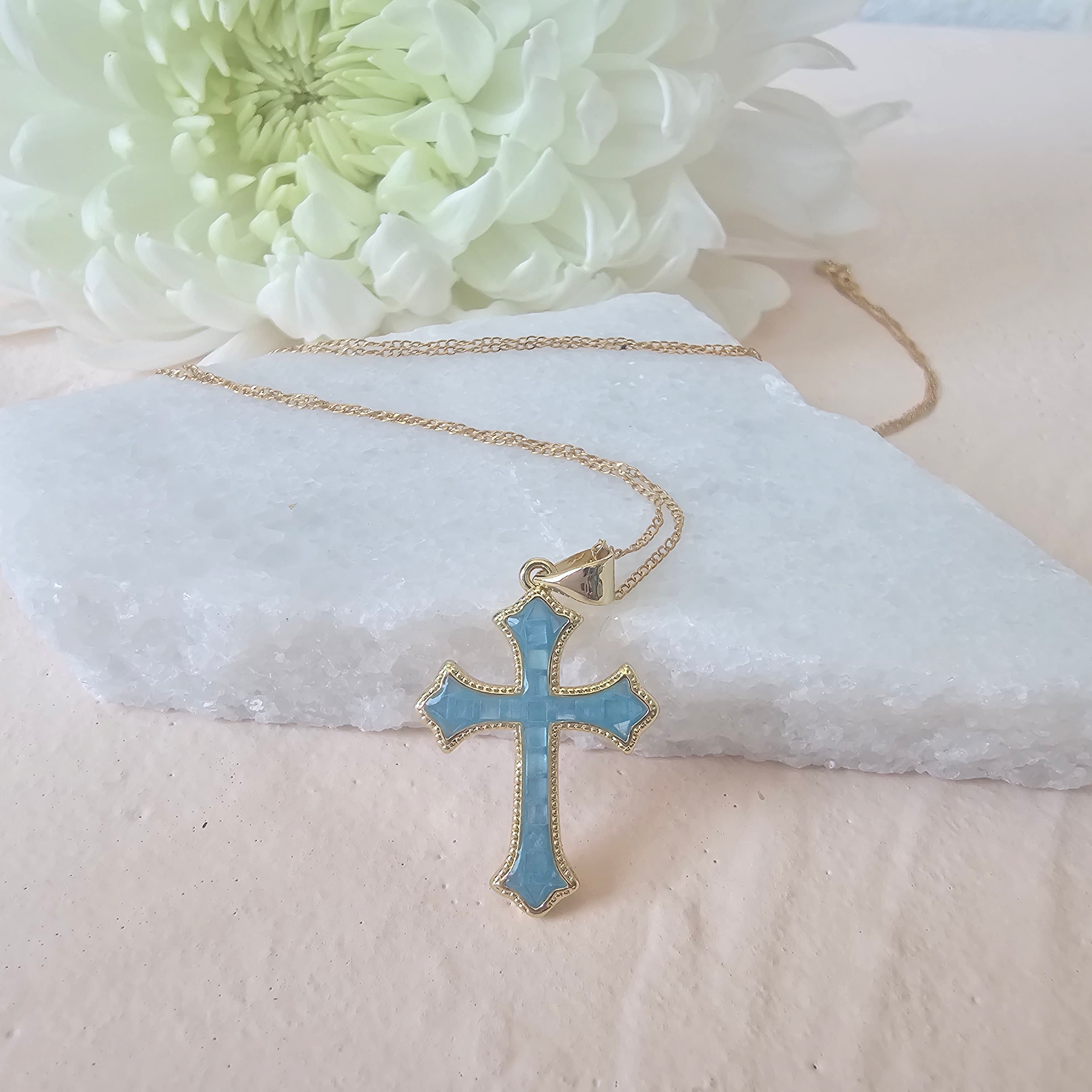 Light Blue Mother Of Pearl cross Catholic necklace