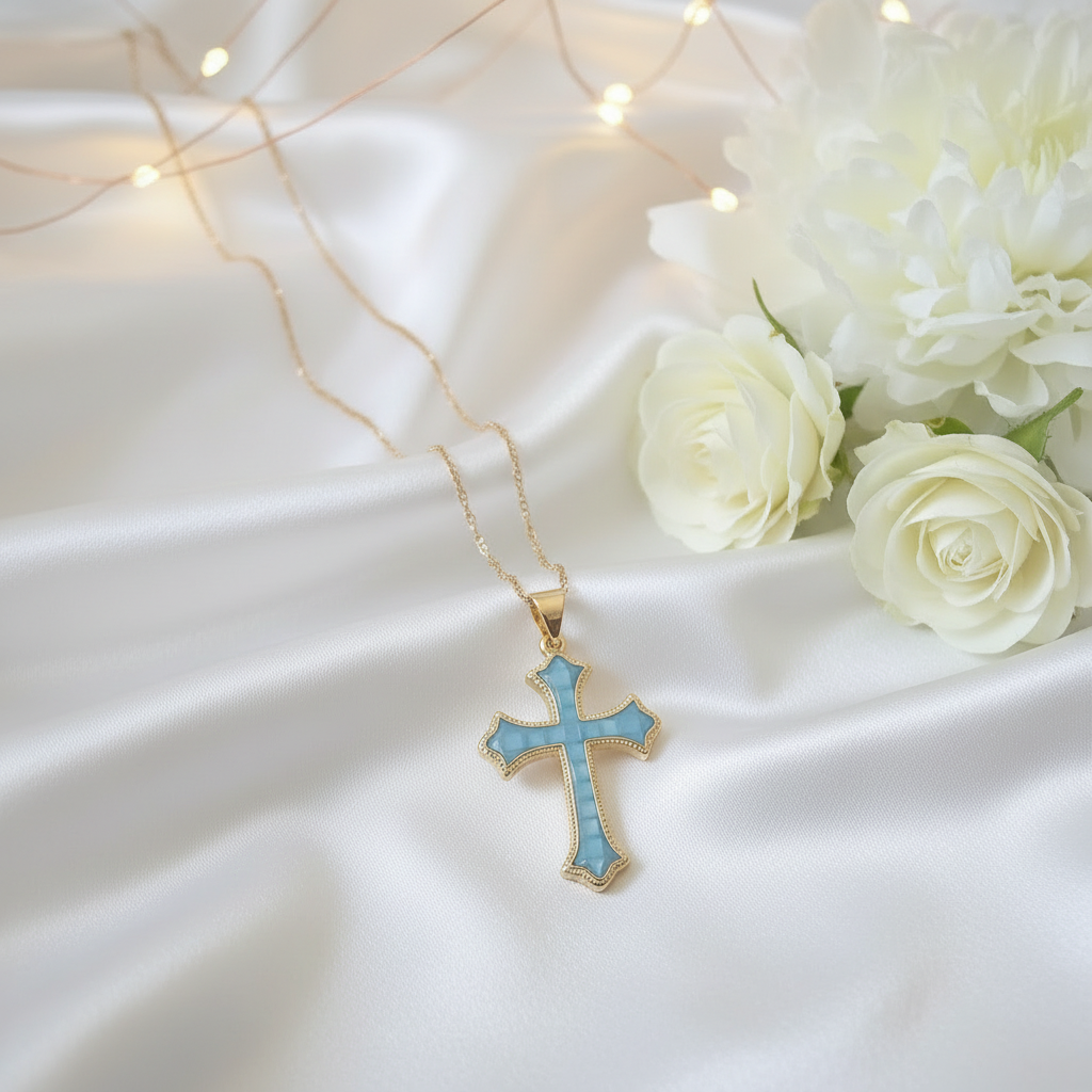 Religious Pink Mother of Pearl Cross Necklace Gold filled –  Catholic Jewelry
