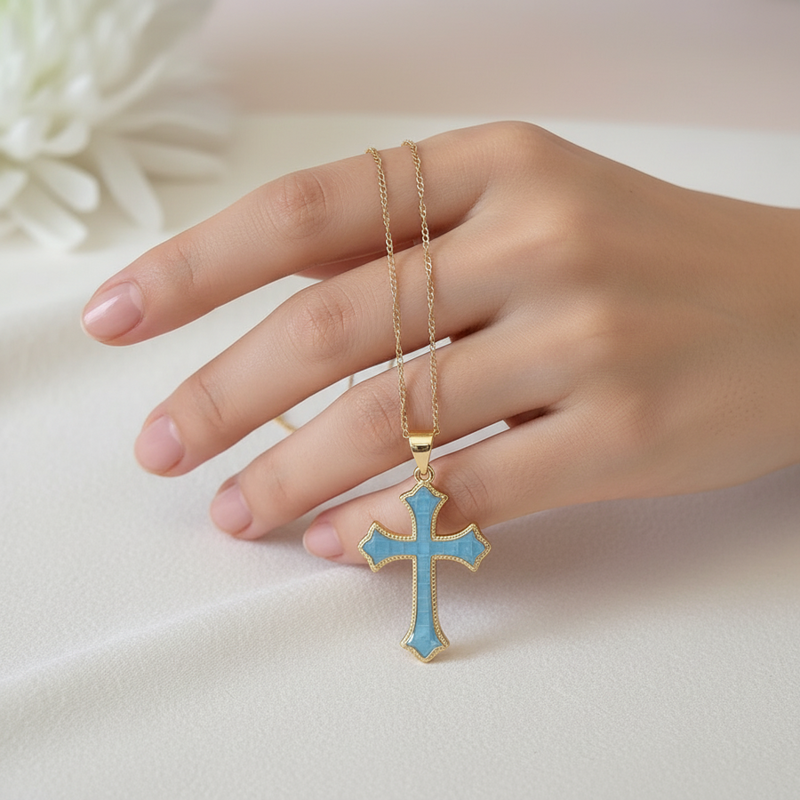 Religious Pink Mother of Pearl Cross Necklace Gold filled –  Catholic Jewelry