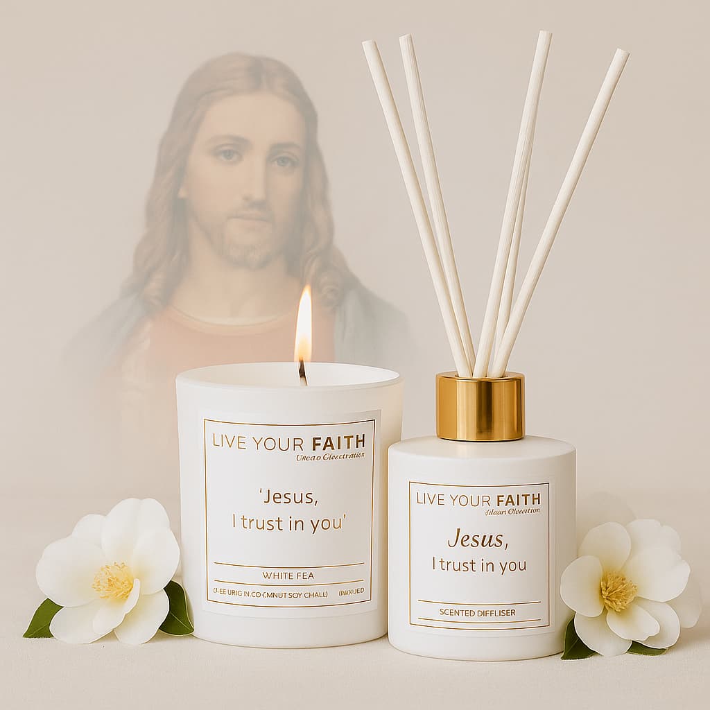 Jesus I trust in You Hand poured Candle and Diffuser Set in white tea scent