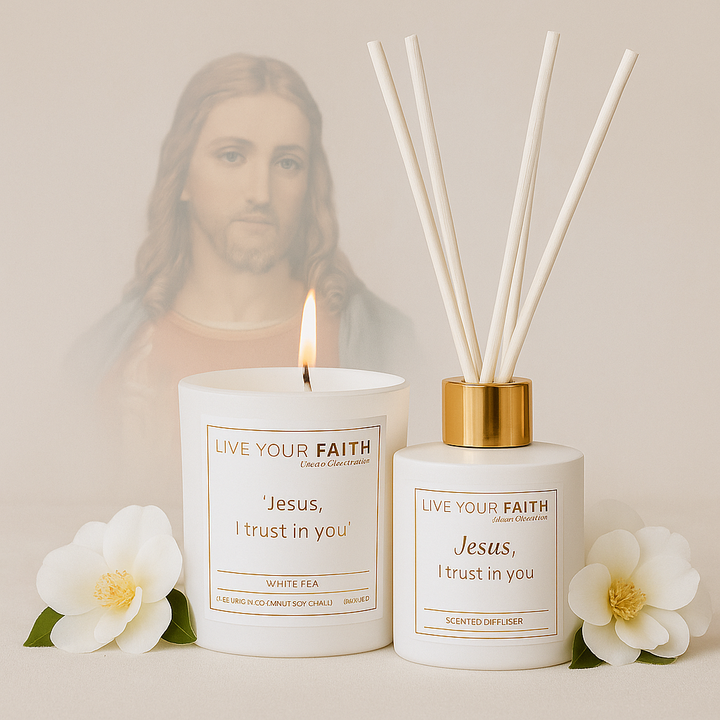 Jesus I trust in You Candle and Diffuser Set in white ea scent