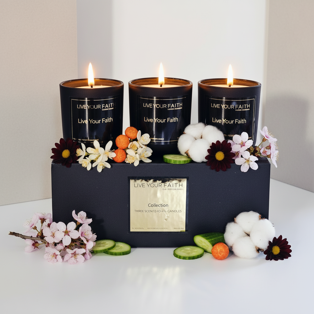 Three lit candles in a decorative box with flowers and fruits on a white surface.