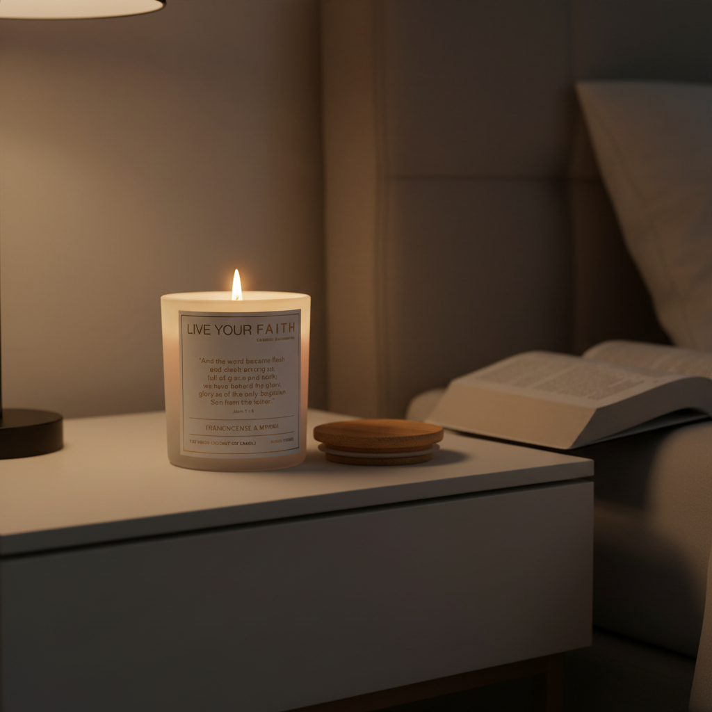 Candle with Bible verse John 1:14 in a nightstand next to an open bible in a dimly lit room.