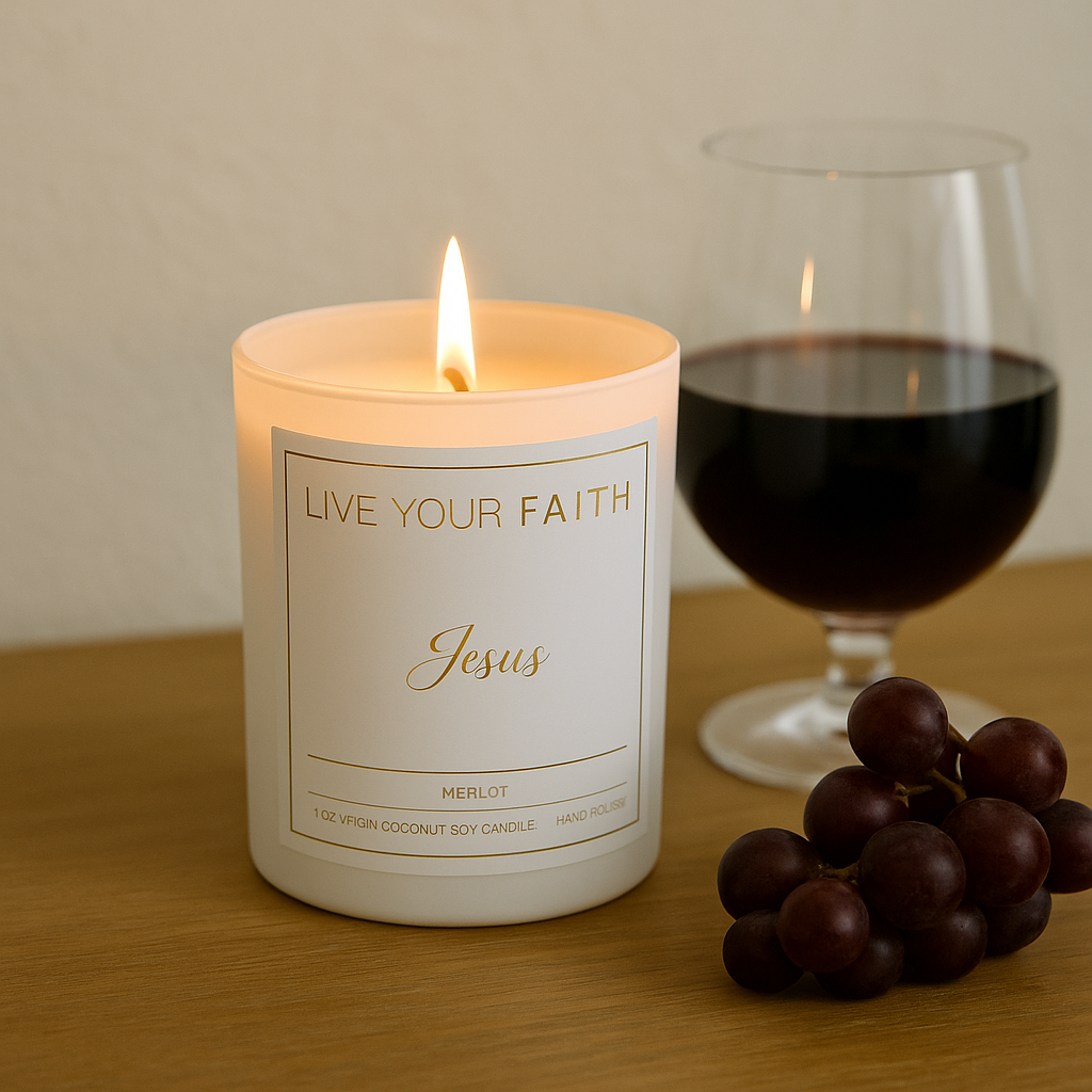 Candle labeled "Jesus" next to a glass of red wine and grapes on a wooden surface, in merlot scent.