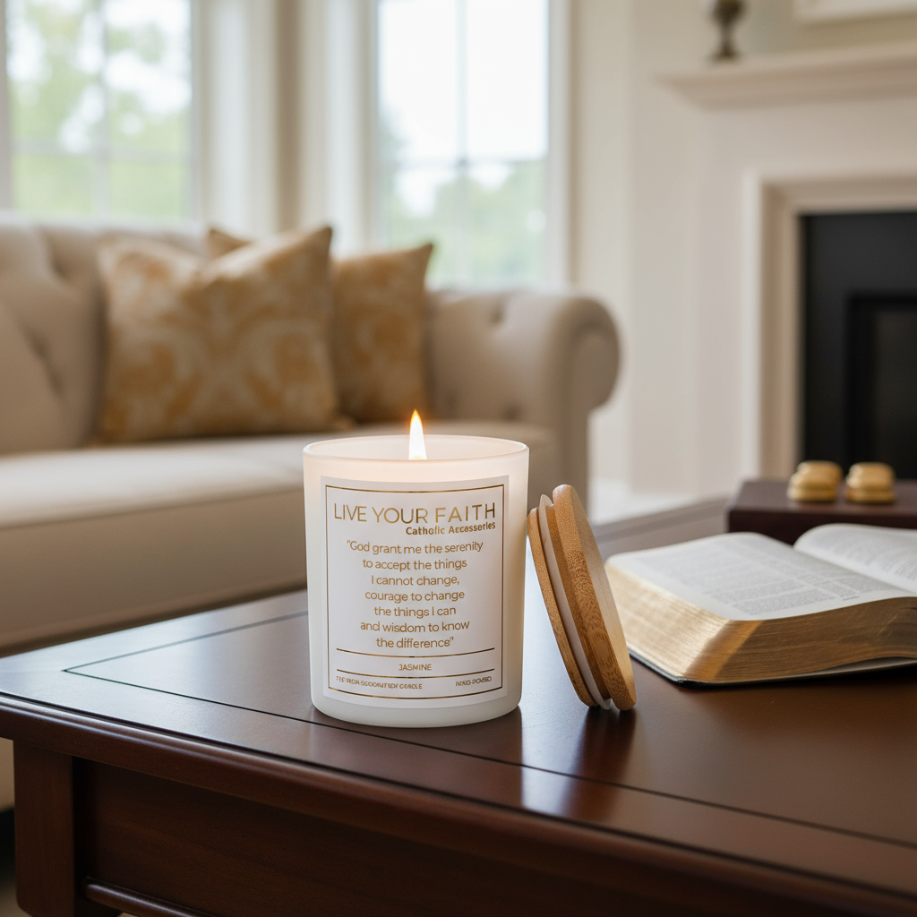 Candle with the serenity prayer on a table in a living room setting