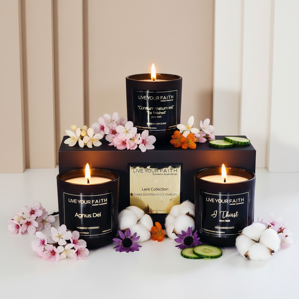 Three lit candles in black containers with visible labels on an elegant background with flowers
