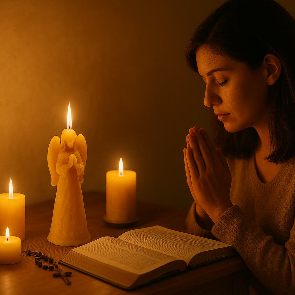 woman praying with guardian angel beeswax candle.