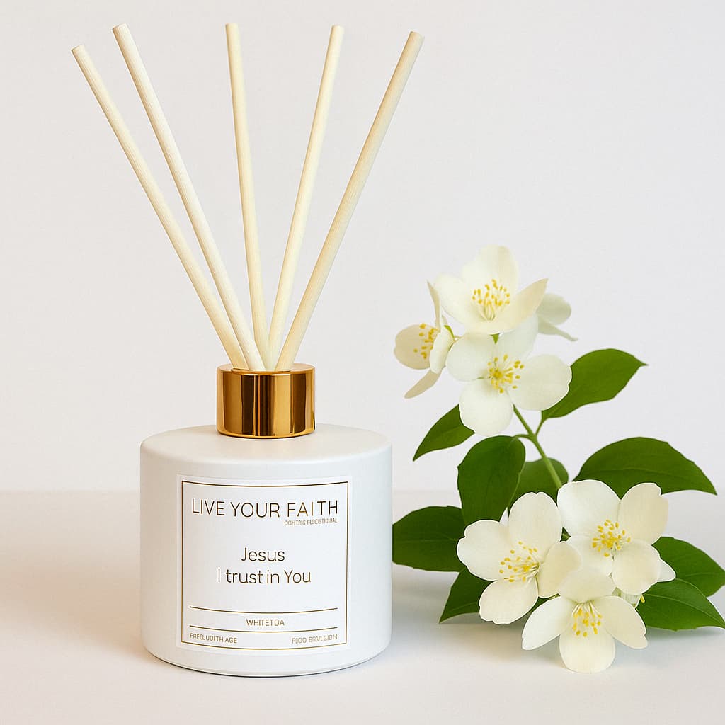 Jesus I trust in You Diffuser  in white tea scent in a beautiful white and gold bottle.