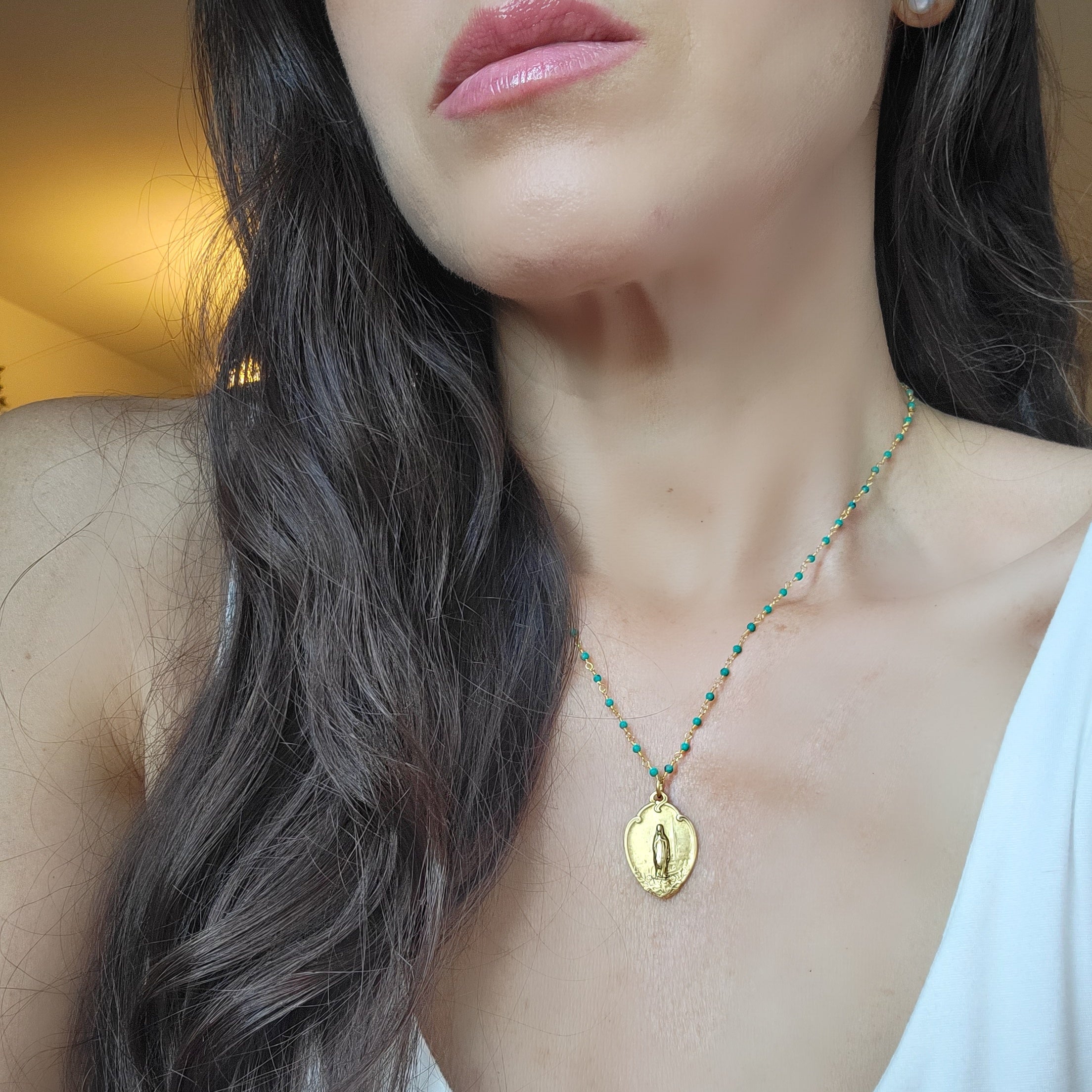 Virgin Mary Medal With Turquoise green Beaded Necklace.