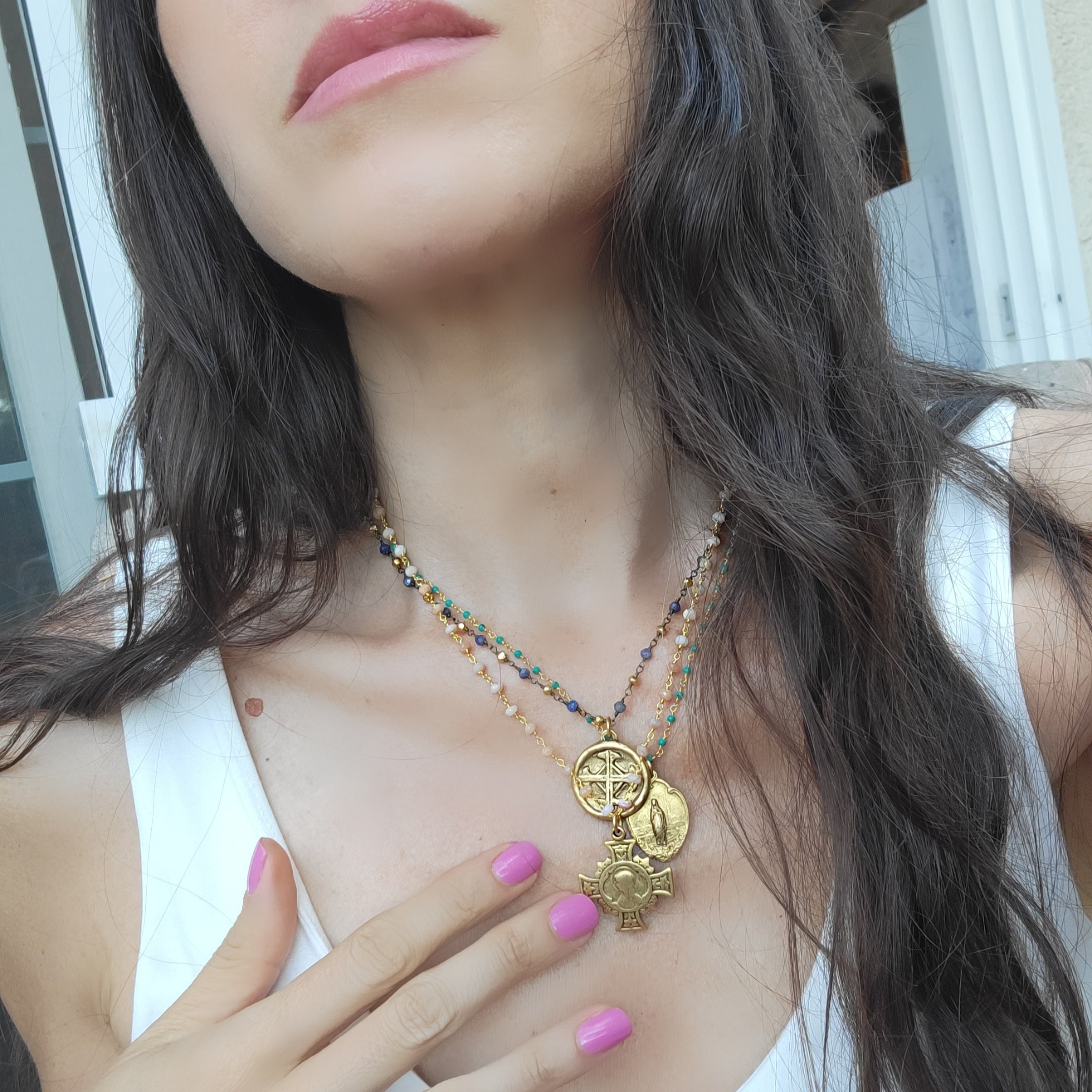 Virgin Mary Medal With Turquoise green Beaded Necklace.