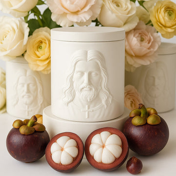Catholic Candle in a white vessel with the holy Face of Jesus surrounded by fruits and flowers