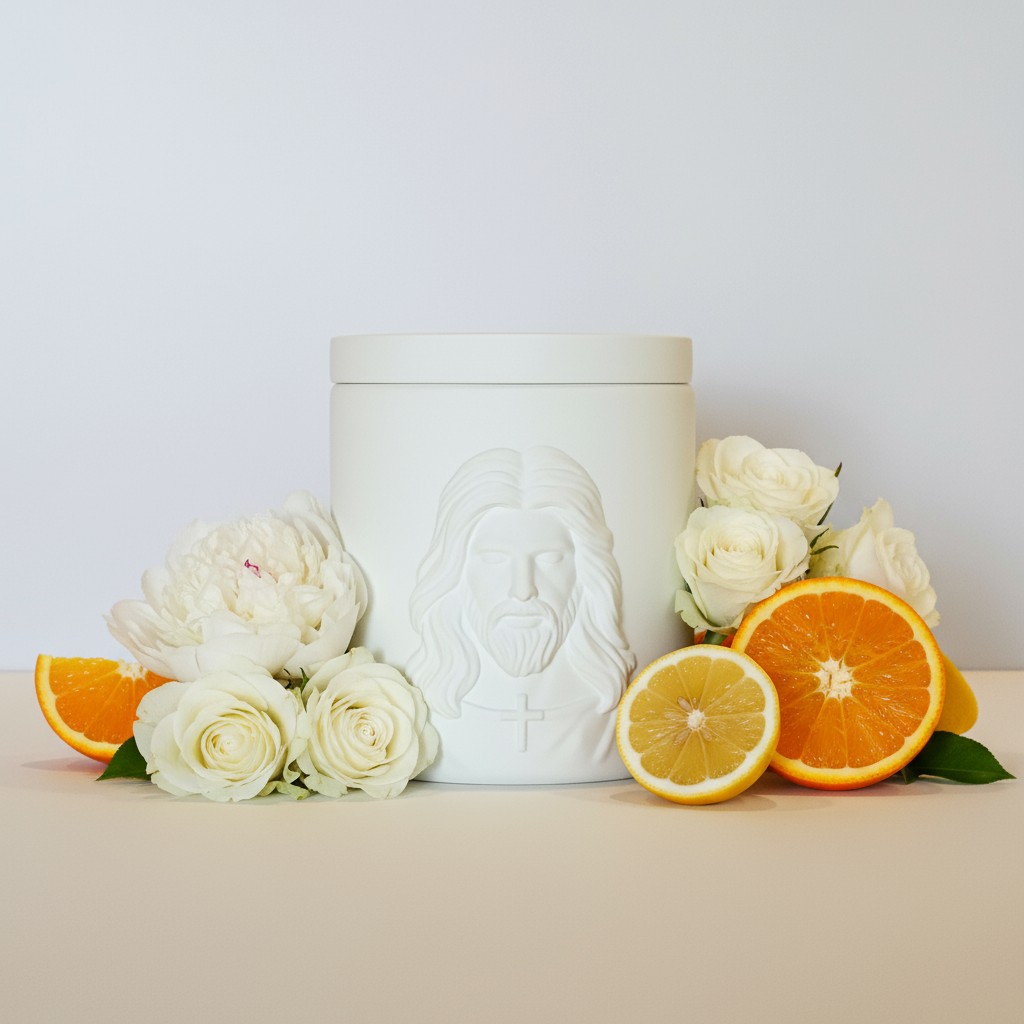 White ceramic jar with embossed face design on a beige surface with flowers and citrus fruits