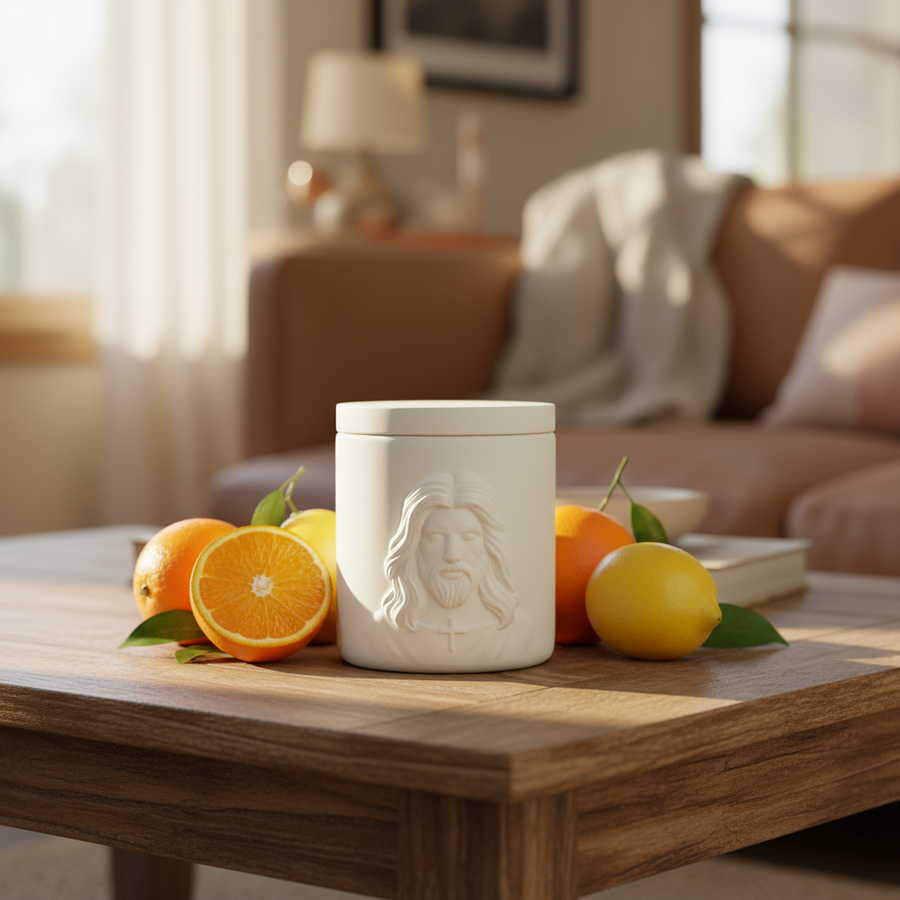 White ceramic jar with embossed face design on a coffee table