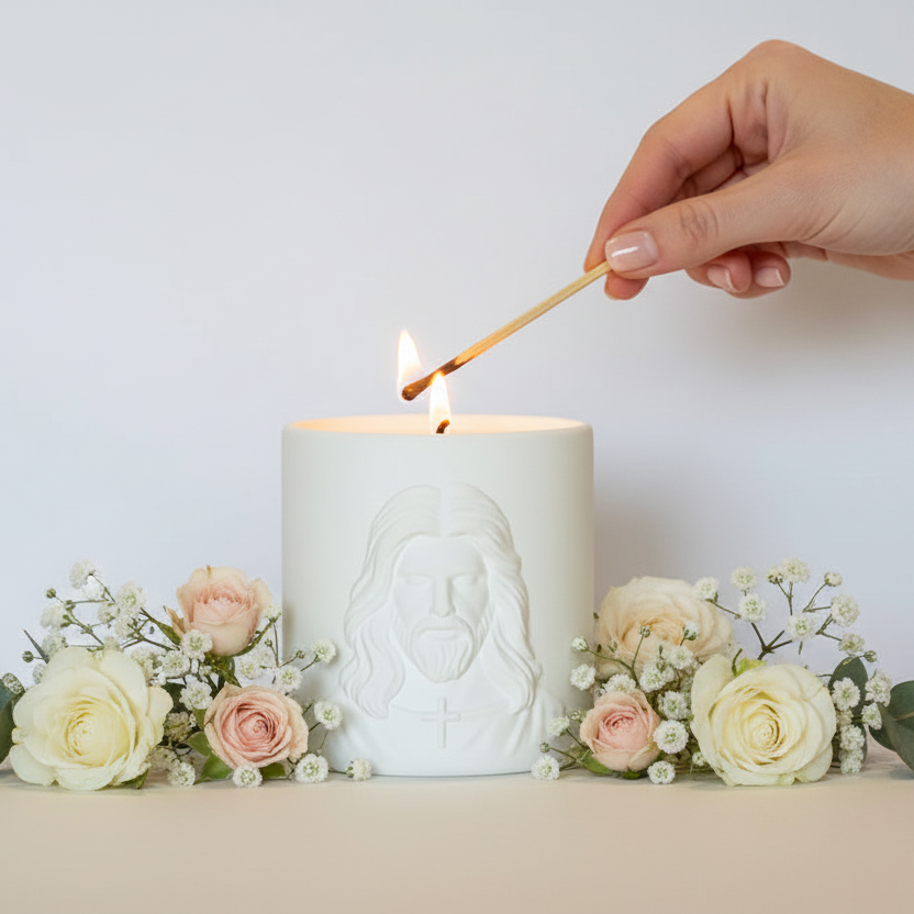 Hand lighting a candle with a match, surrounded by flowers on a light background