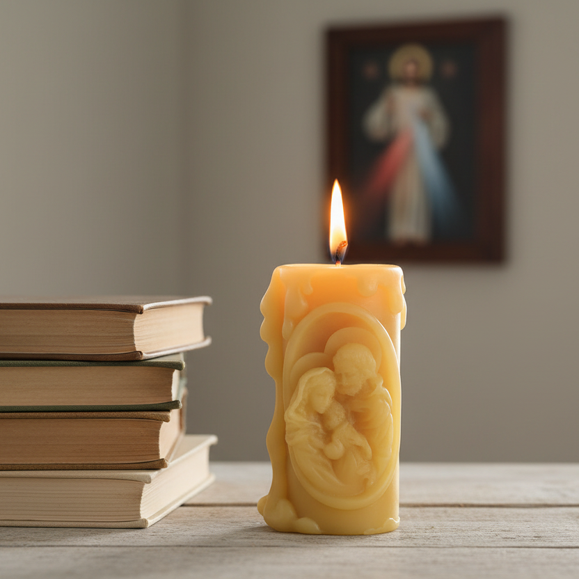 Candle with a religious design  of the holy family next to books on a table, with a blurred background