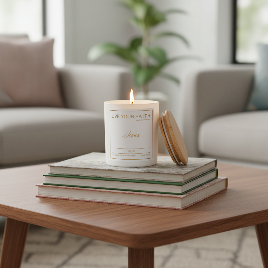 Catholic Jesus Candle with a book on a coffee table in a living room setting