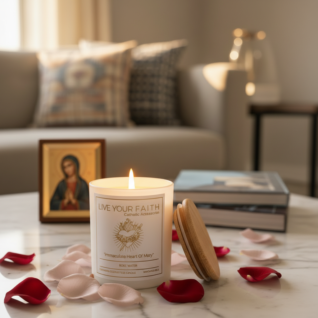 Immaculate Heart of Mary catholic prayer candle in a coffee table next to a Virgin Mary image and surrounded with rose  petals 