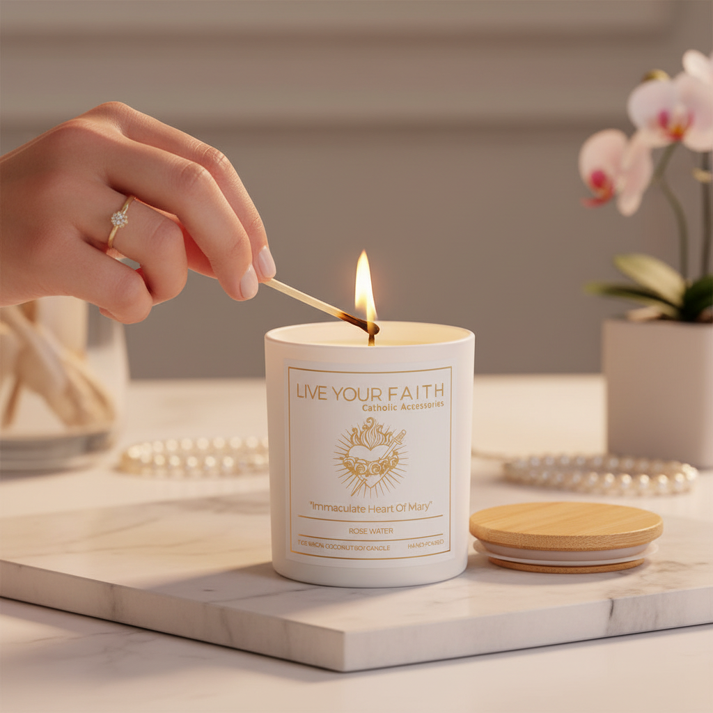 Immaculate heart of Mary scented prayer being lit by a female hand on an elegant background