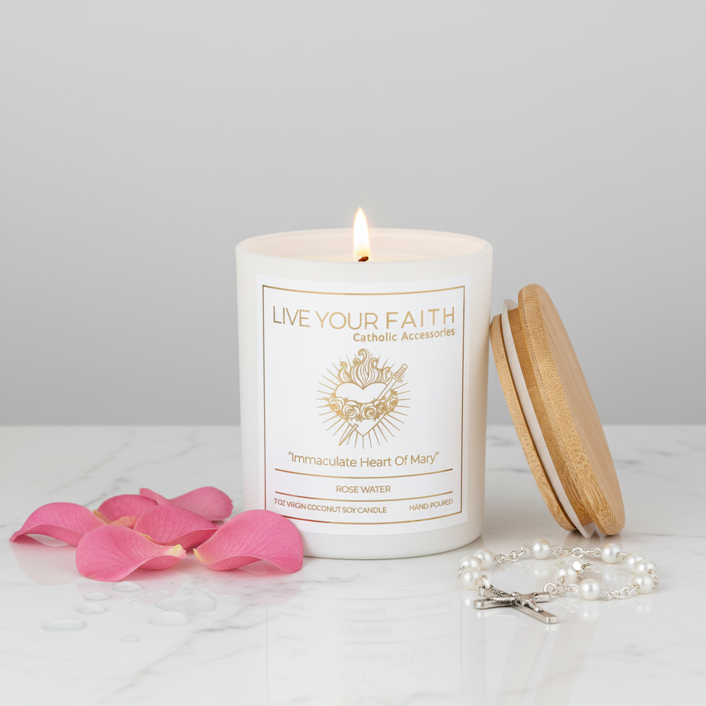 immaculate Heart of Mary Candle in a white background in rose water scent next to rose petals and  rosary