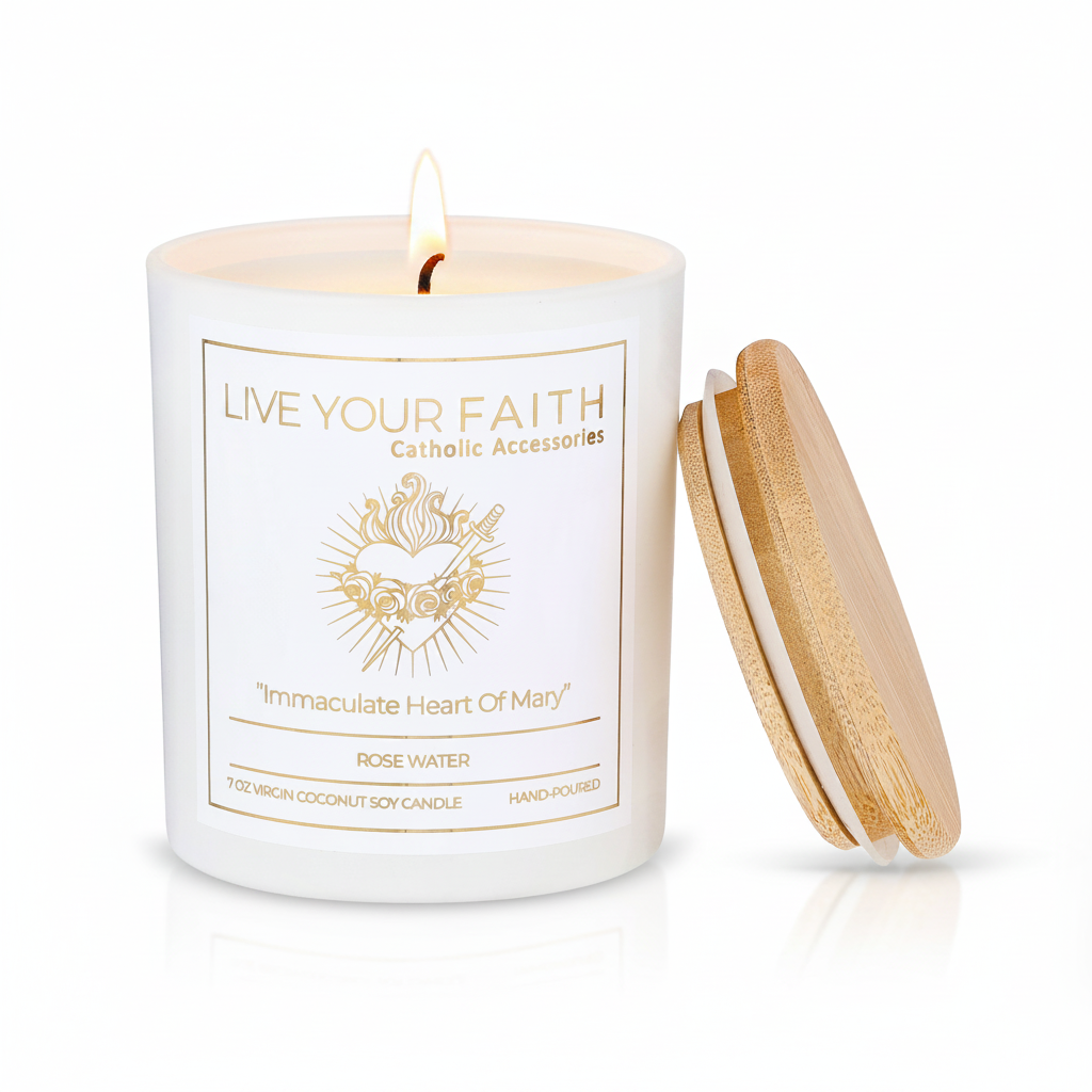 Immaculate heart of Mary scented prayer candle lit up in a white background