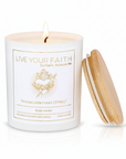 Immaculate heart of Mary scented prayer candle lit up in a white background