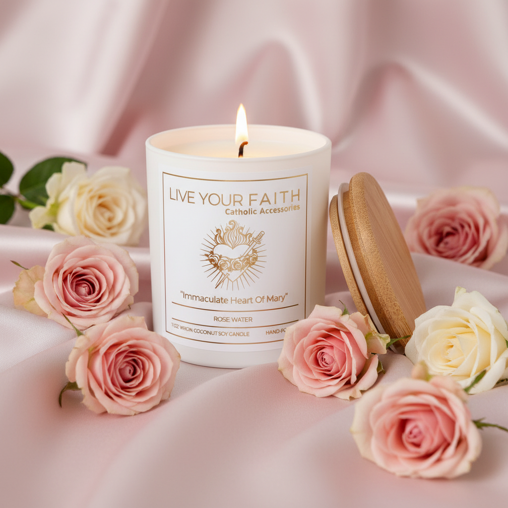 Immaculate heart of Mary prayer candle in a satin blush background and surrounded by roses.