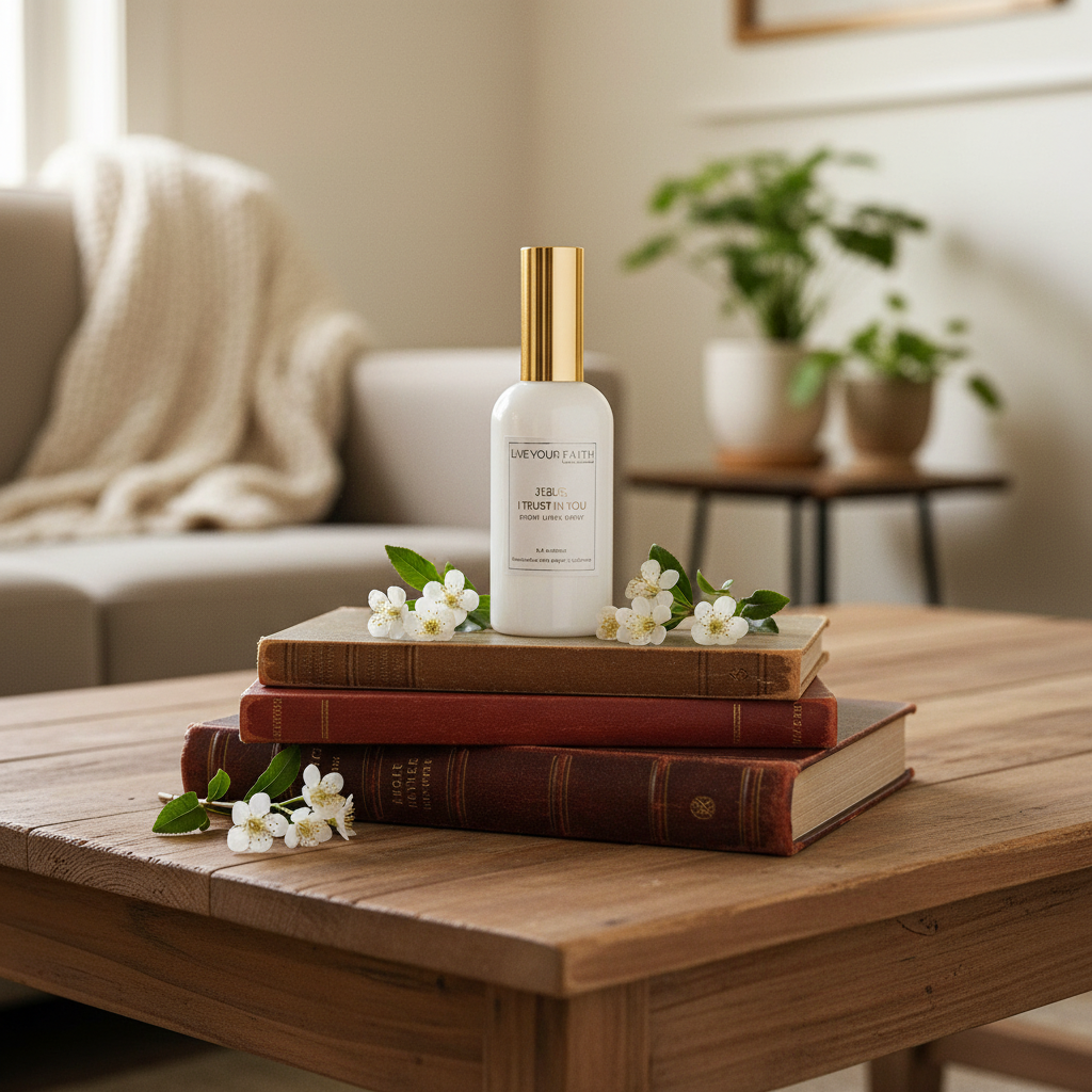 room spray bottle on a stack of books with flowers on a wooden table in a living room, with the words "Jesus, I trust in you"