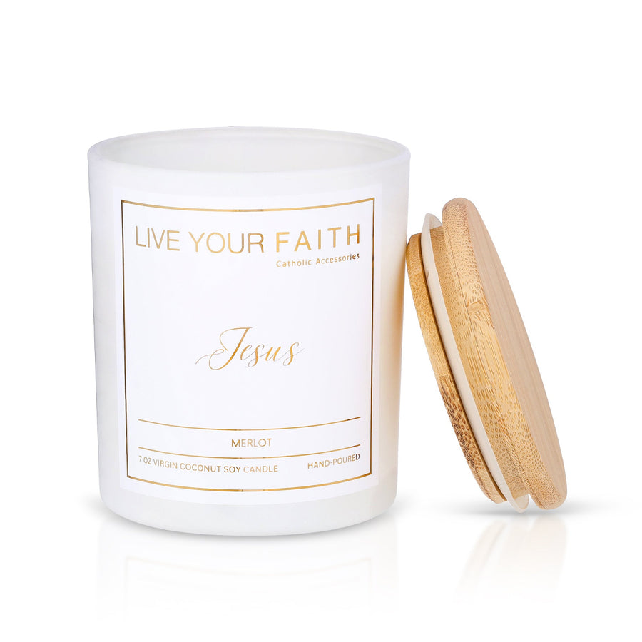 Jesus catholic prayer candle in Merlot
