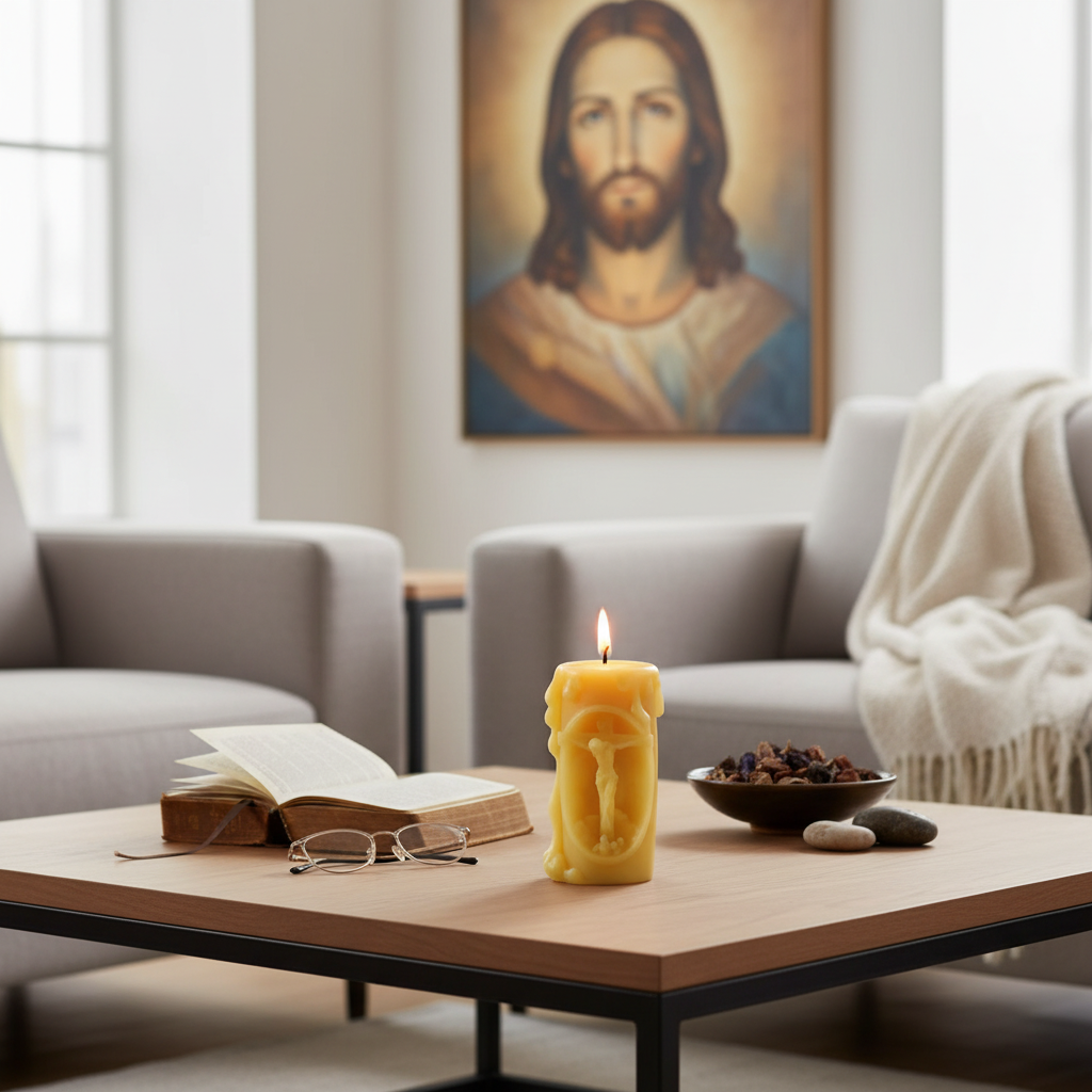 Jesus on the Cross 100% Beeswax Prayer Candle