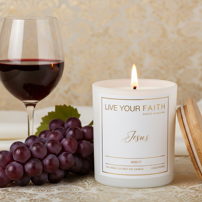 Catholic scented prayer Candle labeled "Jesus" with a glass of red wine and grapes on a patterned surface scented in merlot