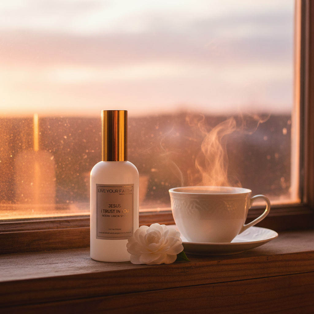 White bottle with gold cap on a windowsill with a steaming cup of tea and white flower with the words "Jesus I trust in You"