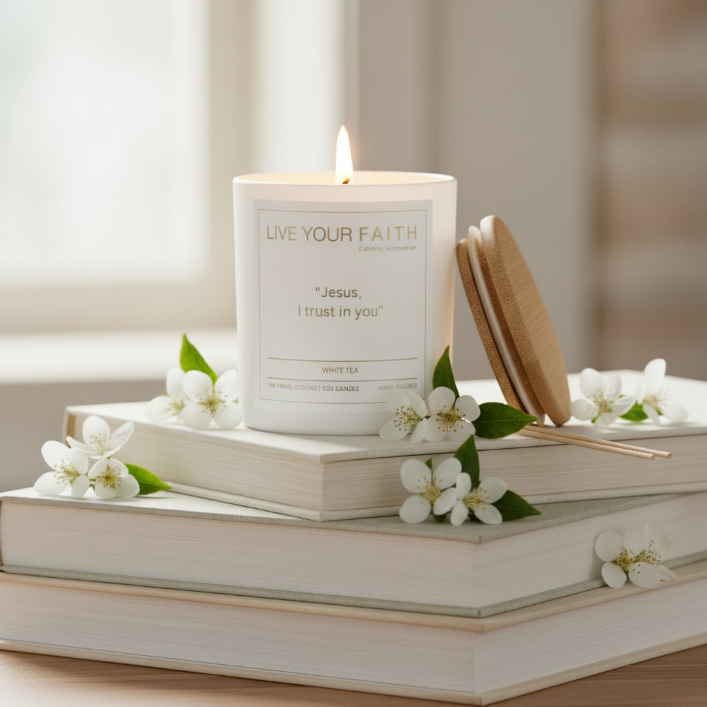 catholic prayer candle Jesus I trust in you in white tea scent