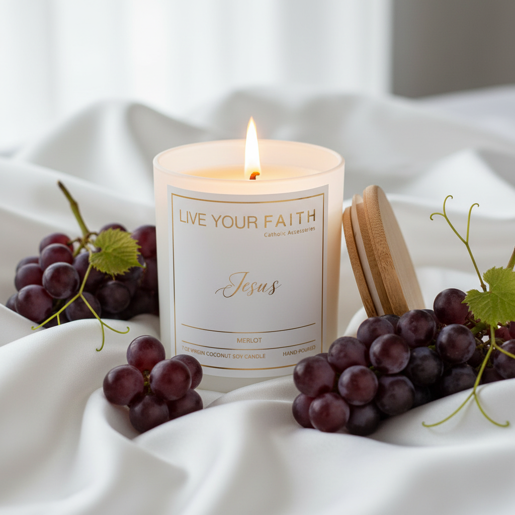Catholic Candle labeled Jesus with grapes on a white fabric background, merlot scent.
