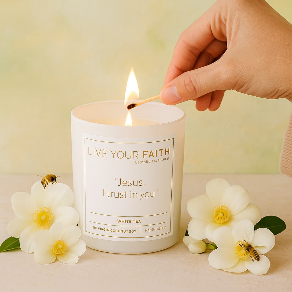 Hand poured Jesus I trust in You scented candle in white tea