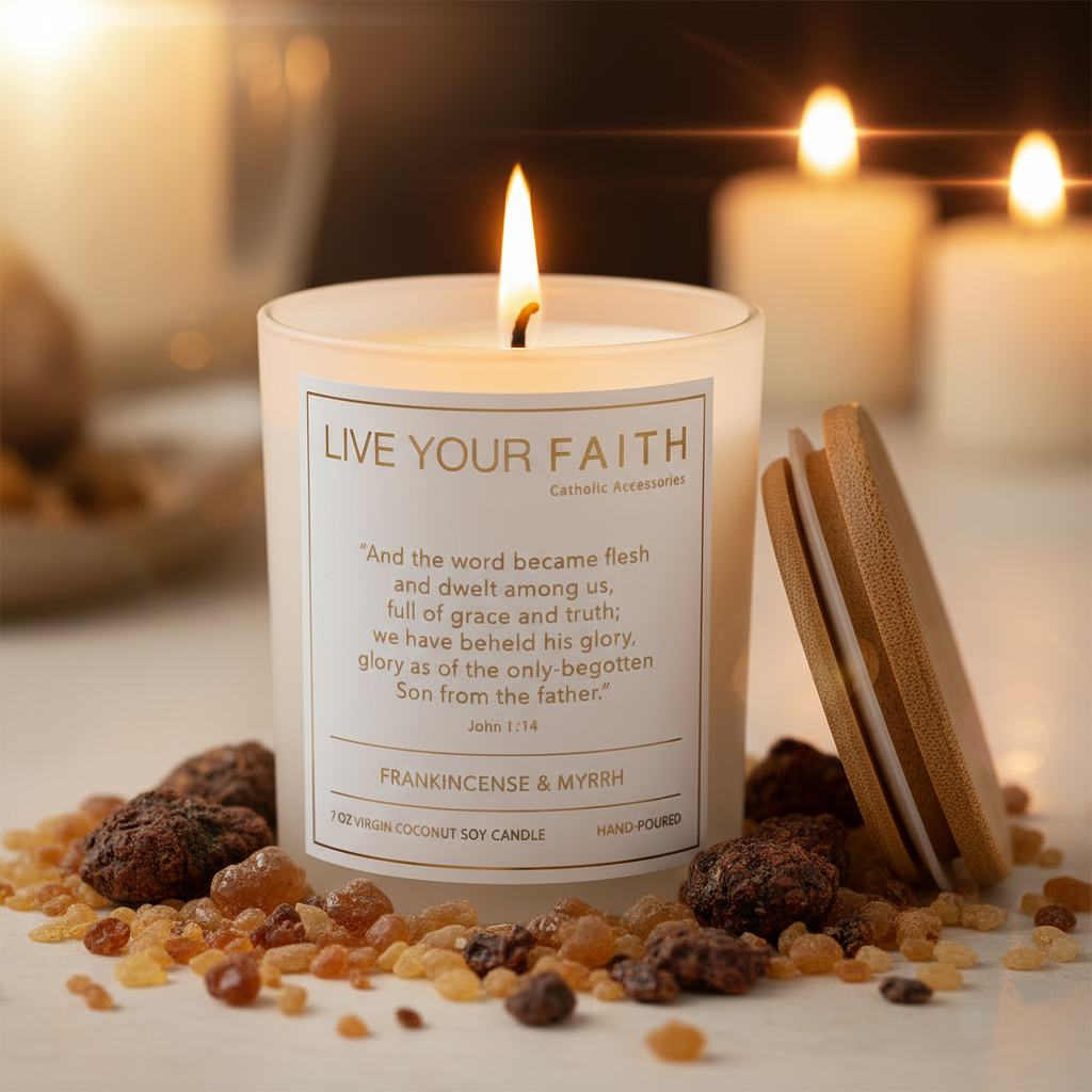 Candle with Bible verse John 1:14 surrounded by frankincense and myrrh on a blurred background