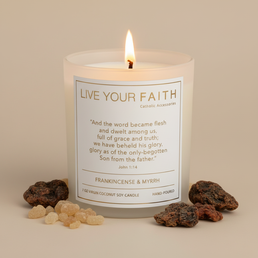 Candle with Bible verse John 1:14 surrounded by frankincense and myrrh on a beige background
