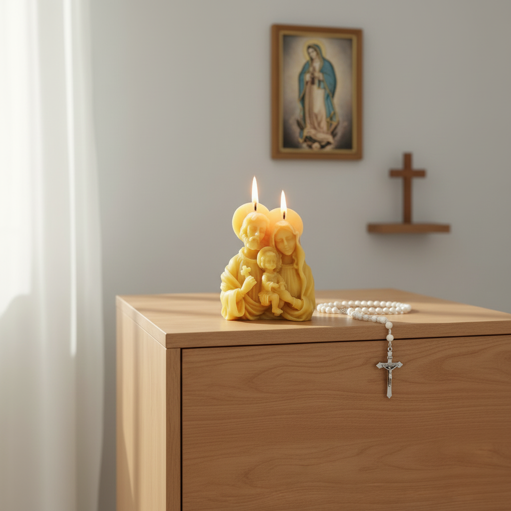 Catholic Holy Family Beeswax candle with religious design on a wooden surface, with a portrait of a religious figure and cross in the background.