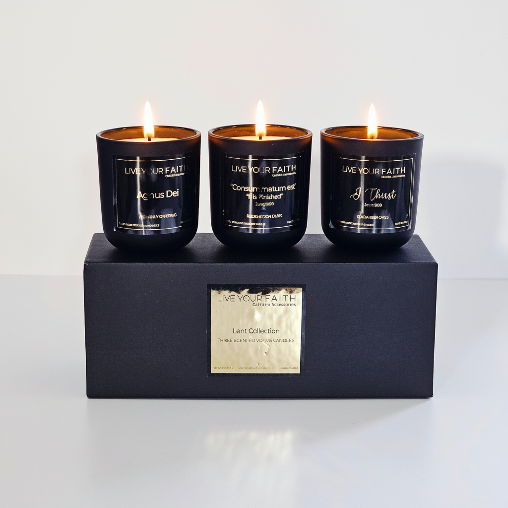 Three black candles with labels on a black box with a gold tag, against a white background.