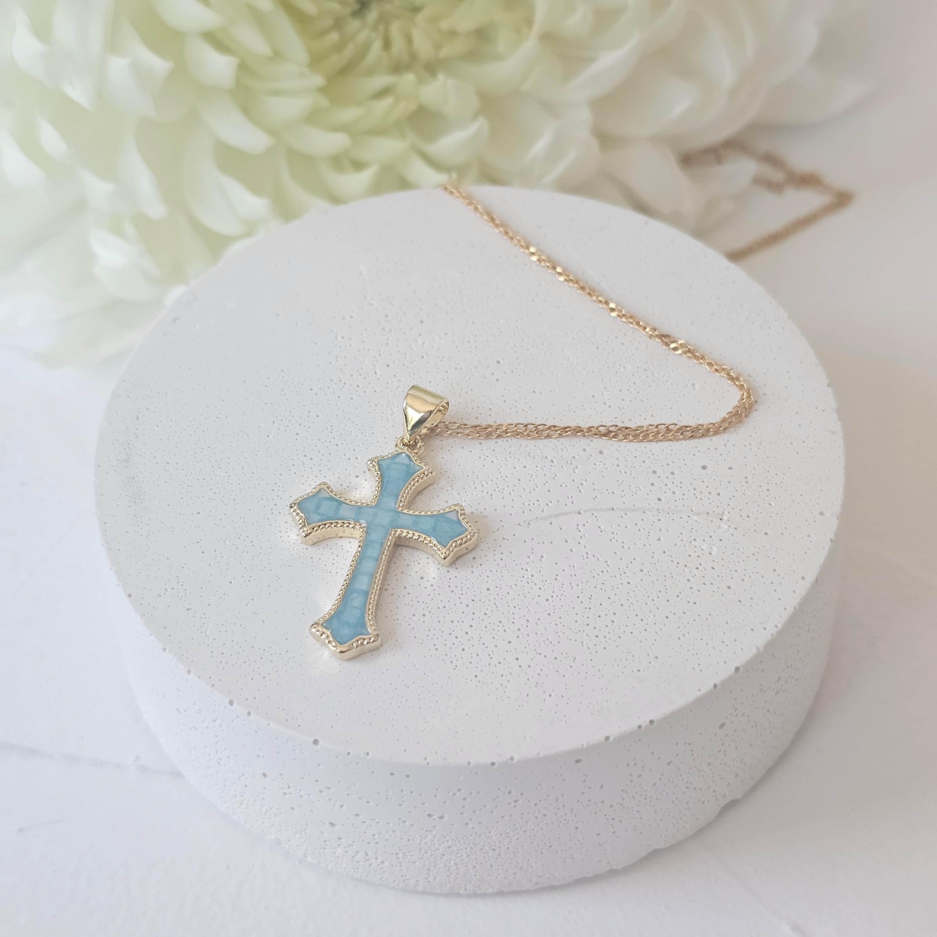 Blue Cross catholic necklace gift in Mother of pearl. Catholic Jewelry.