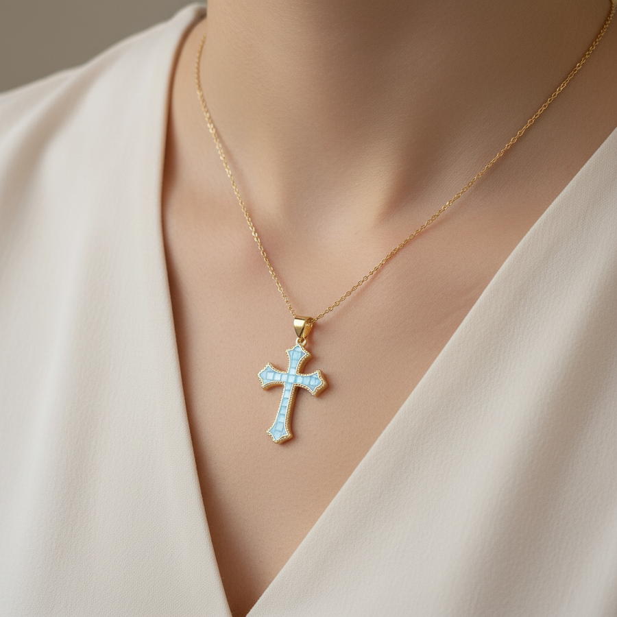 Religious Pink Mother of Pearl Cross Necklace Gold filled –  Catholic Jewelry