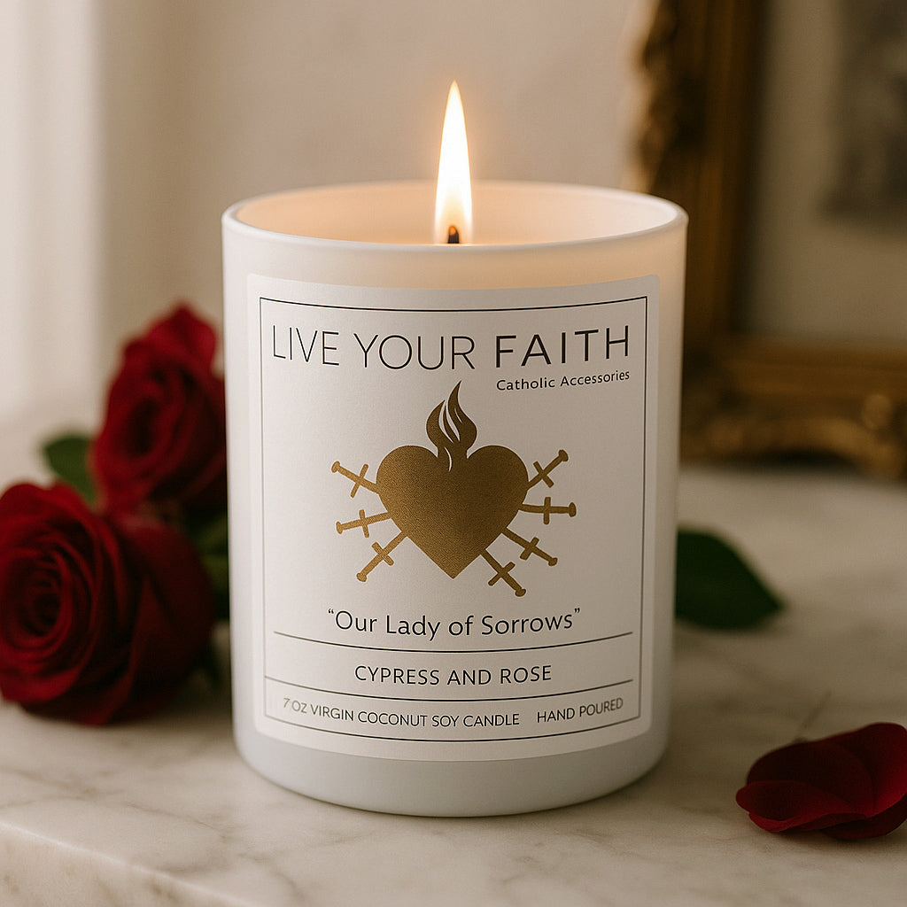 Our Lady of sorrow scented prayer candle in cypress and rose scent with the image of the sorrowful heart