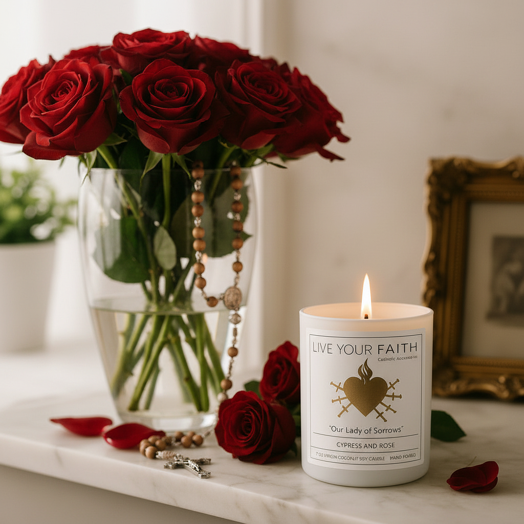 Our Lady of Sorrows Candle next to red roses and a rosary on a marble surface.