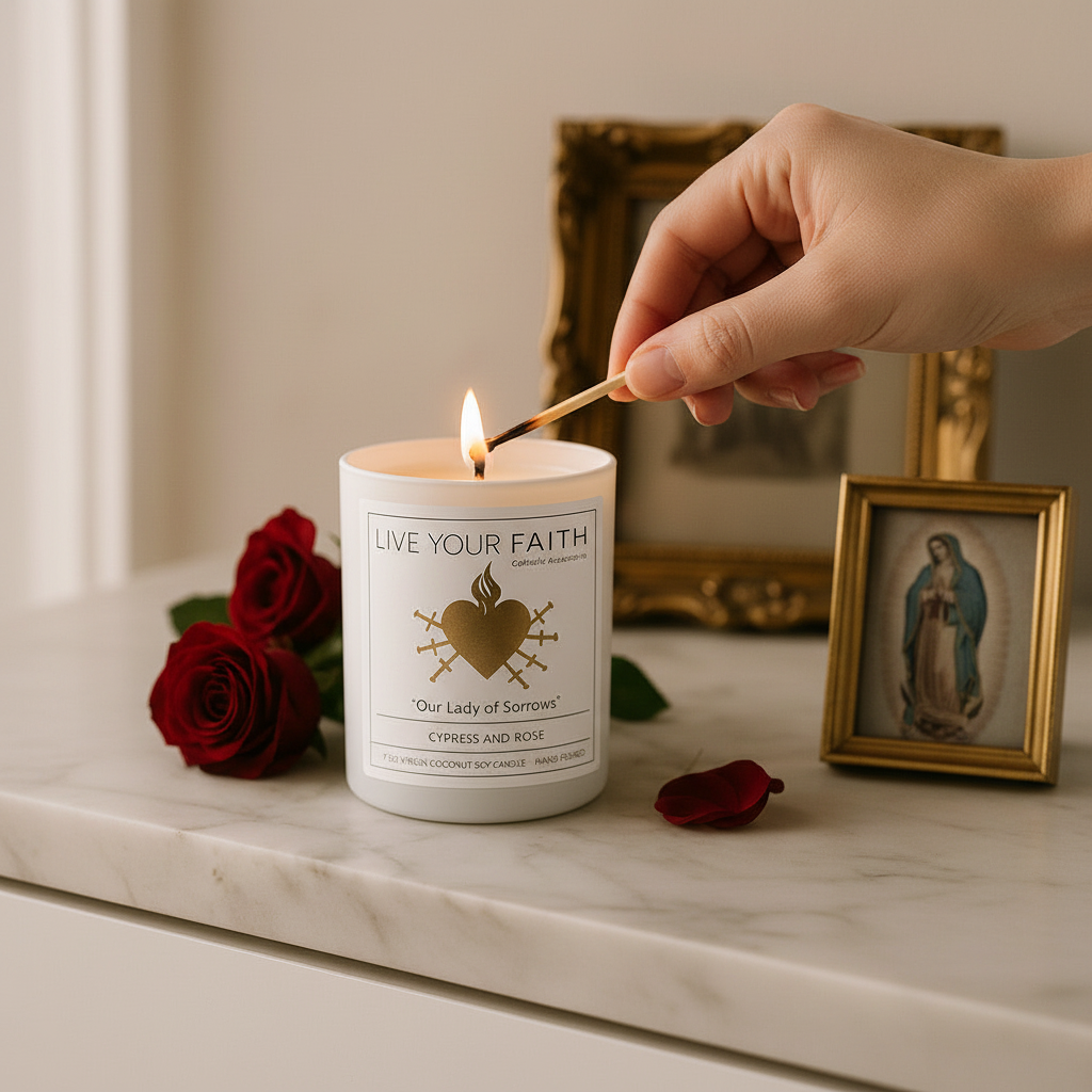 Our Lady of Sorrows catholic prayer candle being lit with a match, surrounded by roses and religious-themed decor.