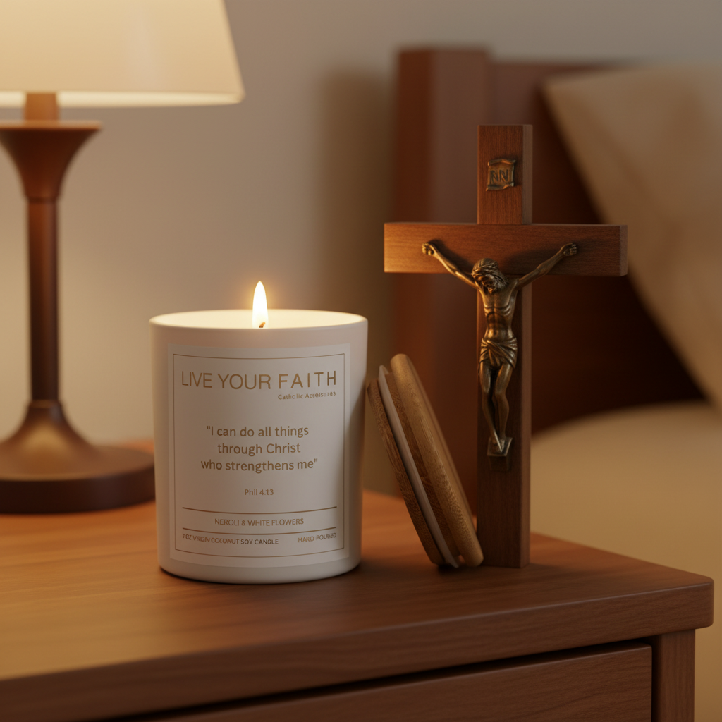 Candle labeled 'Live Your Faith' next to a crucifix on a wooden surface with a blurred background